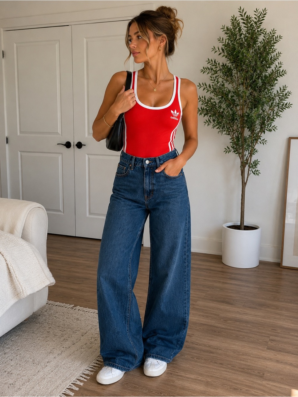Adidas Originals Red Trefoil 3-Stripes Bodysuit | Retro Athletic One Piece Small - Picture 1 of 5